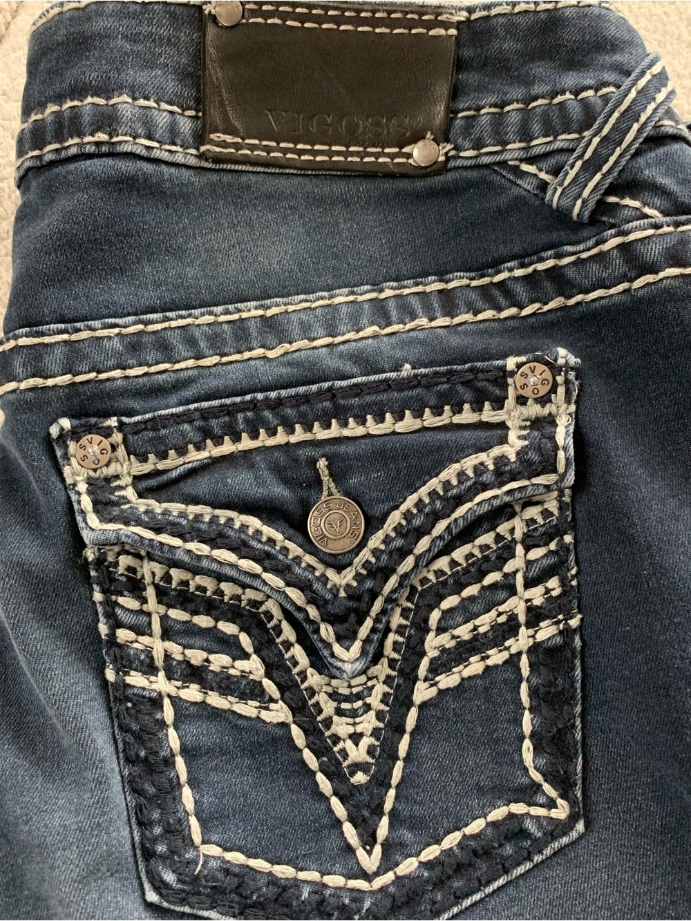 Vigils Womens Dark Wash Embroidered Pocket Jeans